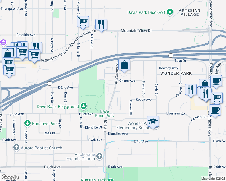 map of restaurants, bars, coffee shops, grocery stores, and more near 204 McCarrey Street in Anchorage