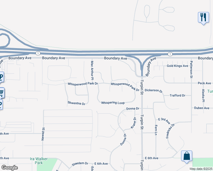 map of restaurants, bars, coffee shops, grocery stores, and more near 200 Whisper Knoll Circle in Anchorage