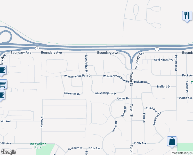 map of restaurants, bars, coffee shops, grocery stores, and more near 200 Whisper Knoll Circle in Anchorage