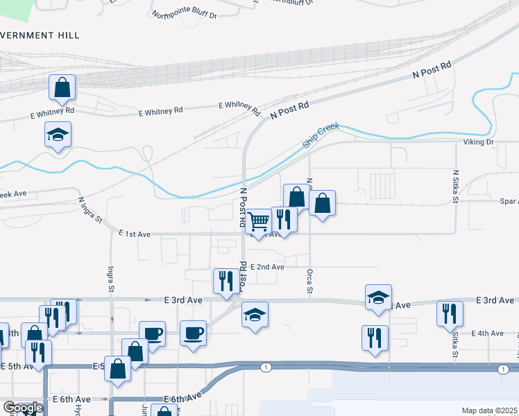 map of restaurants, bars, coffee shops, grocery stores, and more near 209 North Post Road in Anchorage