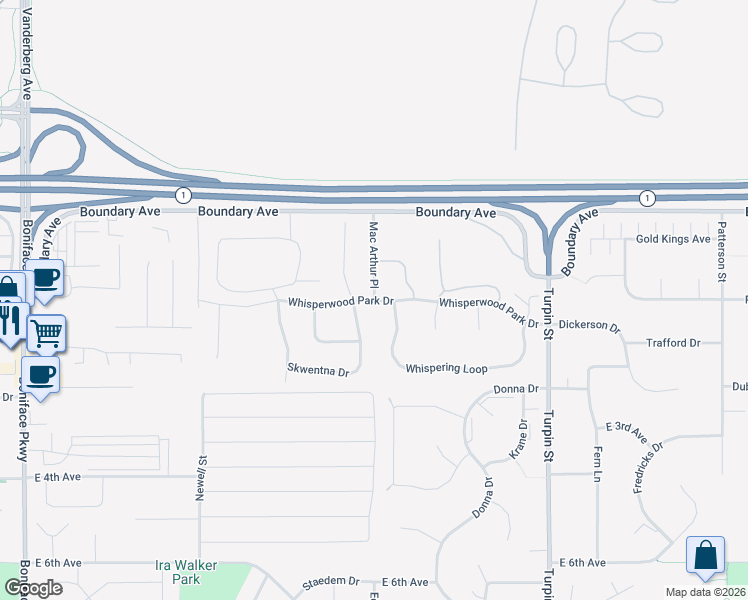 map of restaurants, bars, coffee shops, grocery stores, and more near Whisperwood Park Drive in Anchorage