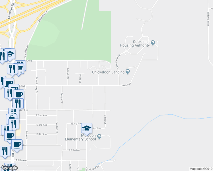 map of restaurants, bars, coffee shops, grocery stores, and more near 8621 Peck Avenue in Anchorage