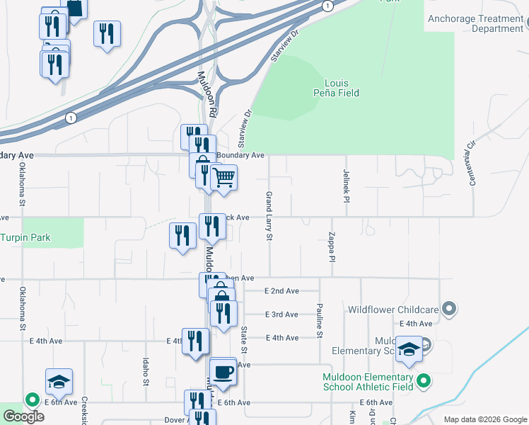 map of restaurants, bars, coffee shops, grocery stores, and more near 190 Grand Larry Street in Anchorage