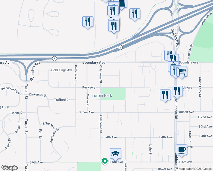 map of restaurants, bars, coffee shops, grocery stores, and more near 7315 Peck Avenue in Anchorage