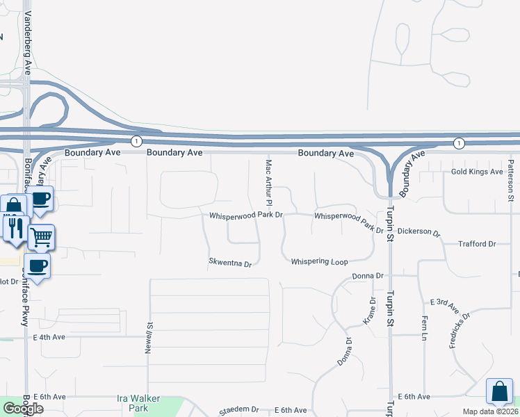 map of restaurants, bars, coffee shops, grocery stores, and more near 191 Skwentna Drive in Anchorage