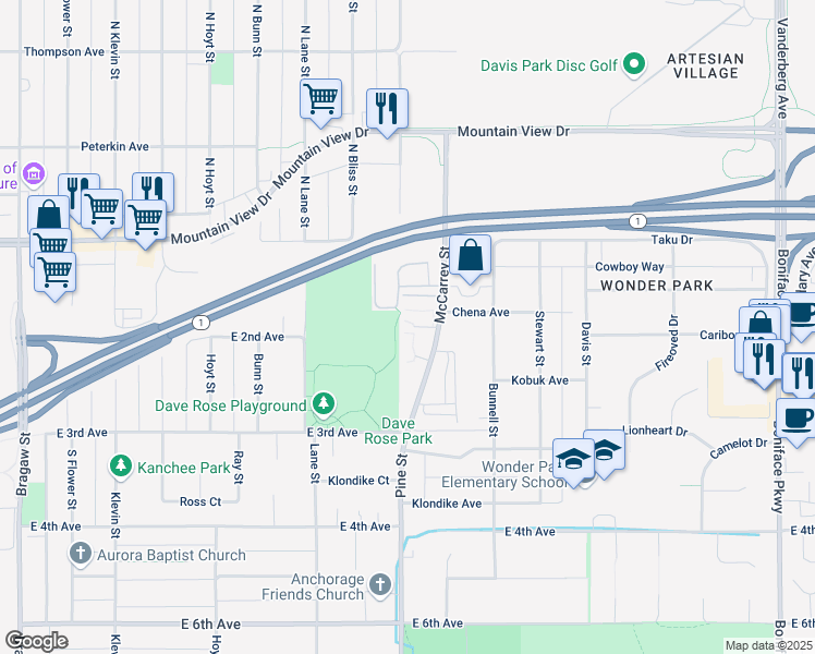 map of restaurants, bars, coffee shops, grocery stores, and more near 204 McCarrey Street in Anchorage