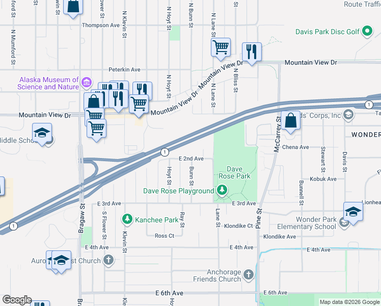 map of restaurants, bars, coffee shops, grocery stores, and more near 4349 East 2nd Avenue in Anchorage