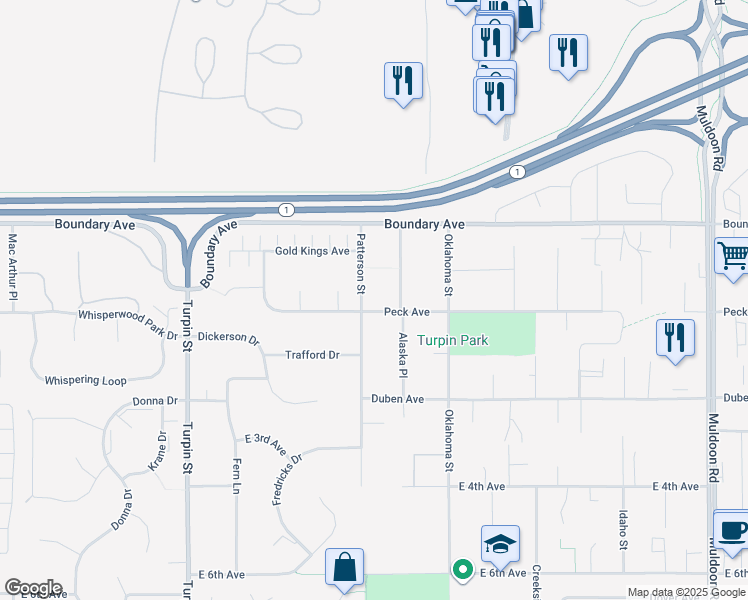 map of restaurants, bars, coffee shops, grocery stores, and more near 161 Patterson Street in Anchorage