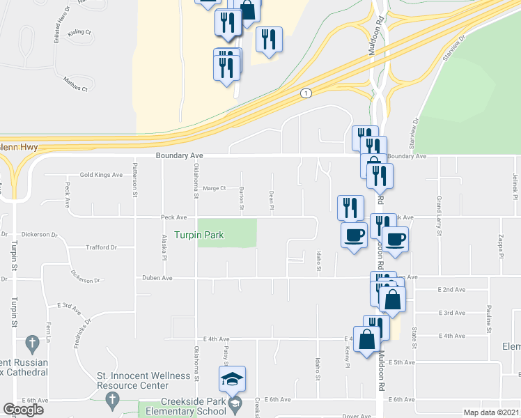 map of restaurants, bars, coffee shops, grocery stores, and more near 178 Dean Place in Anchorage