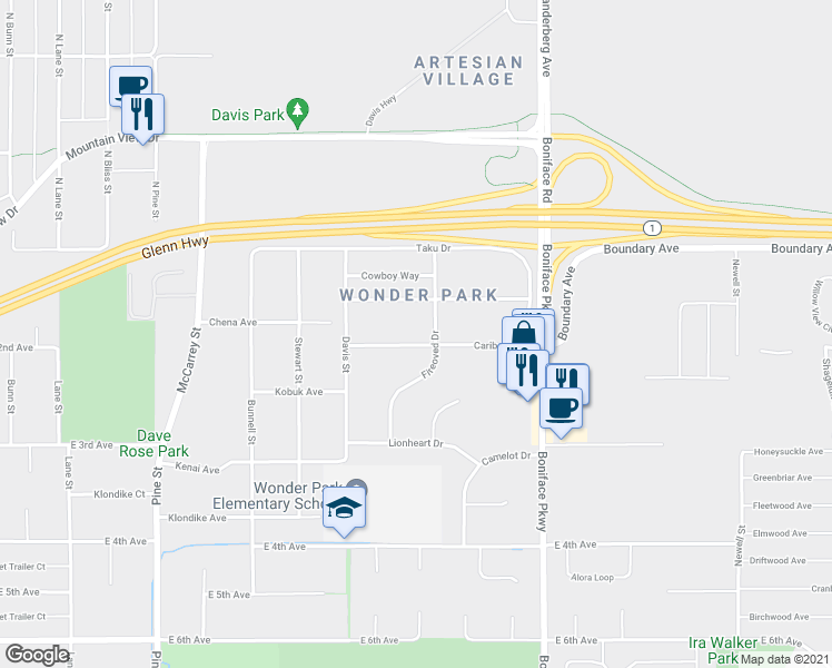 map of restaurants, bars, coffee shops, grocery stores, and more near 5201 Caribou Avenue in Anchorage