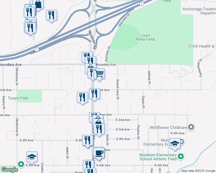 map of restaurants, bars, coffee shops, grocery stores, and more near 180 Grand Larry Street in Anchorage
