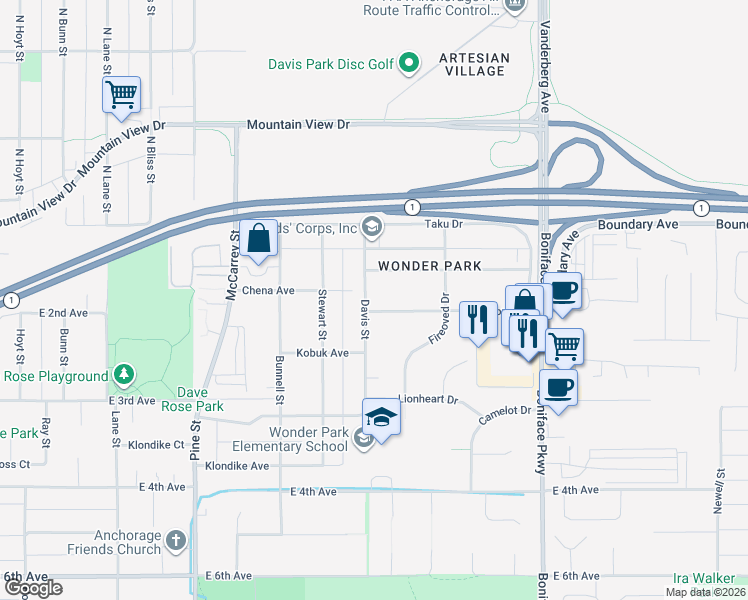 map of restaurants, bars, coffee shops, grocery stores, and more near 205 Davis Street in Anchorage