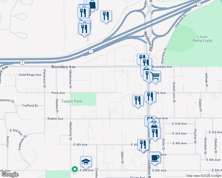 map of restaurants, bars, coffee shops, grocery stores, and more near 7541 Peck Avenue in Anchorage