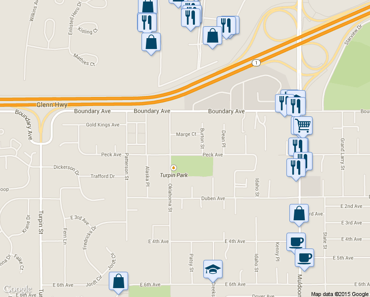 map of restaurants, bars, coffee shops, grocery stores, and more near 7315 Peck Ave in Anchorage
