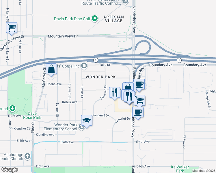 map of restaurants, bars, coffee shops, grocery stores, and more near 173 Fireoved Dr in Anchorage