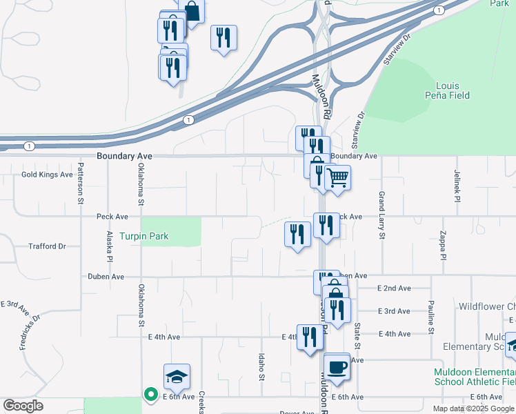 map of restaurants, bars, coffee shops, grocery stores, and more near 177 Michael Court in Anchorage