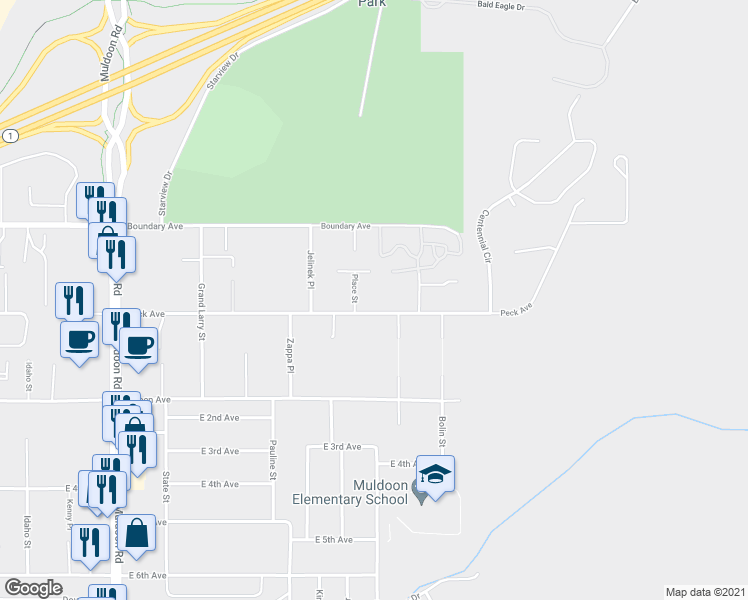 map of restaurants, bars, coffee shops, grocery stores, and more near 8441 Peck Avenue in Anchorage