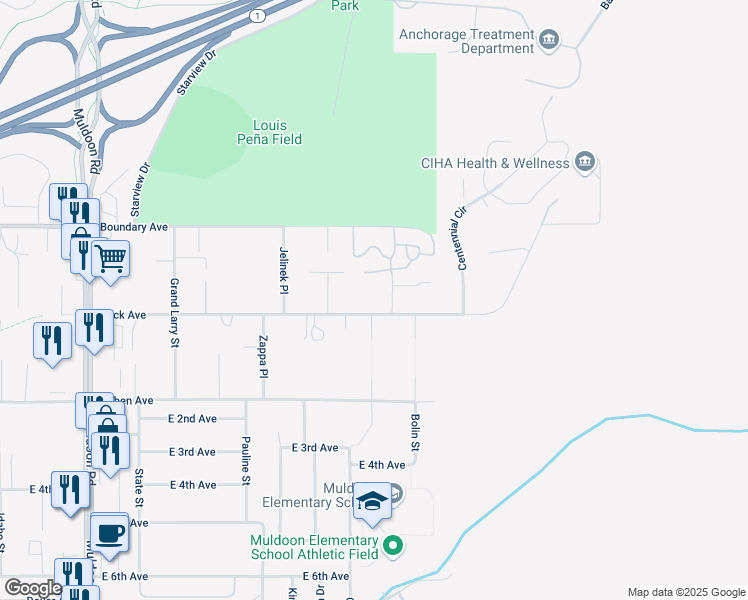 map of restaurants, bars, coffee shops, grocery stores, and more near 8531 Peck Avenue in Anchorage