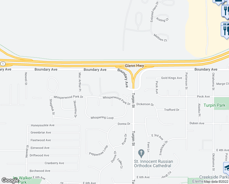 map of restaurants, bars, coffee shops, grocery stores, and more near 6573 Kara Sue Loop in Anchorage