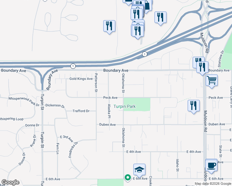 map of restaurants, bars, coffee shops, grocery stores, and more near 170 Oklahoma Street in Anchorage