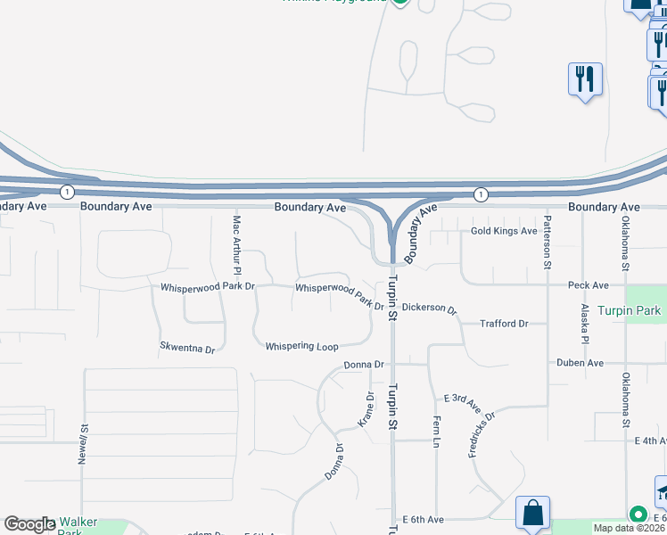 map of restaurants, bars, coffee shops, grocery stores, and more near 6501 Kara Sue Loop in Anchorage
