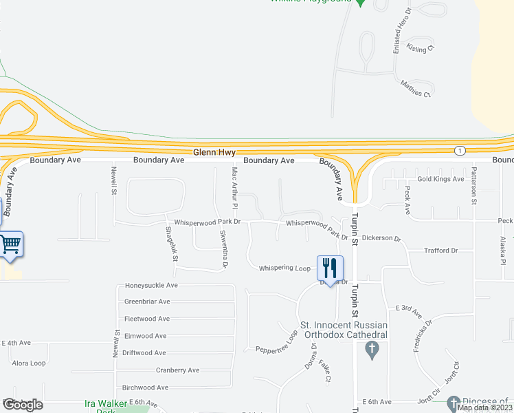 map of restaurants, bars, coffee shops, grocery stores, and more near 200 Whisper Knoll Circle in Anchorage