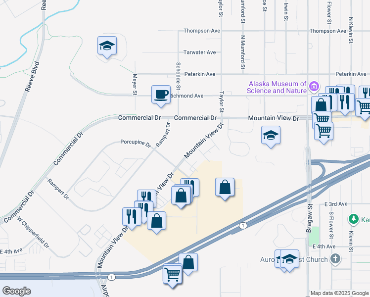 map of restaurants, bars, coffee shops, grocery stores, and more near 3337 Mountain View Drive in Anchorage
