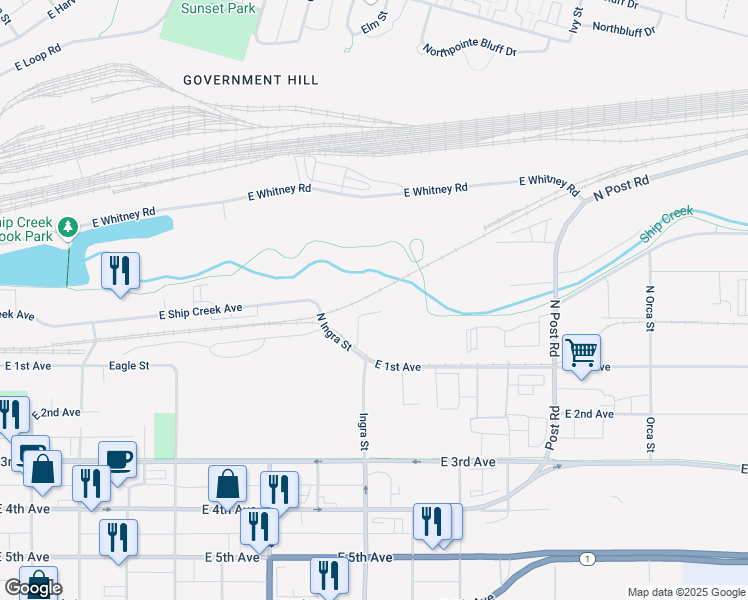 map of restaurants, bars, coffee shops, grocery stores, and more near 701-799 East Warehouse Avenue in Anchorage