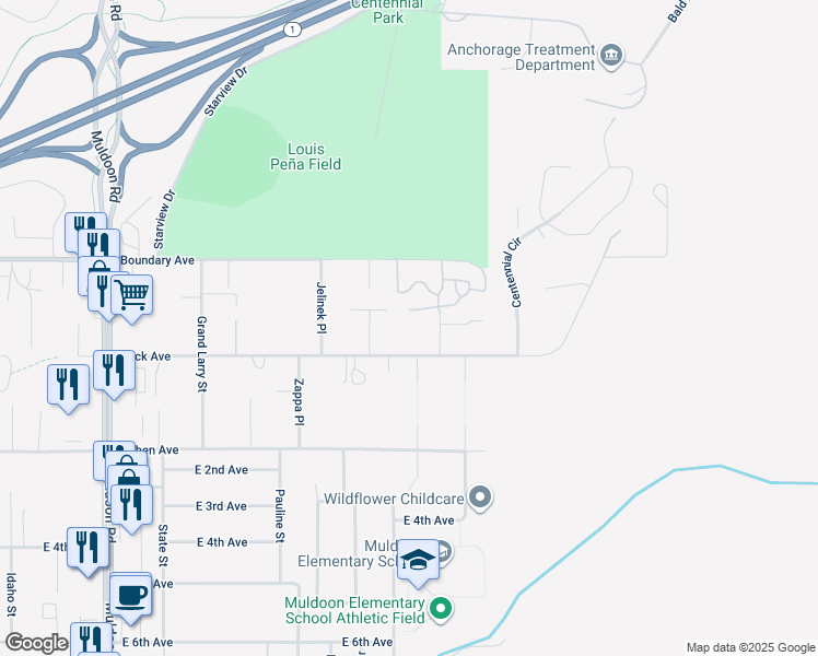 map of restaurants, bars, coffee shops, grocery stores, and more near 8531 Peck Avenue in Anchorage
