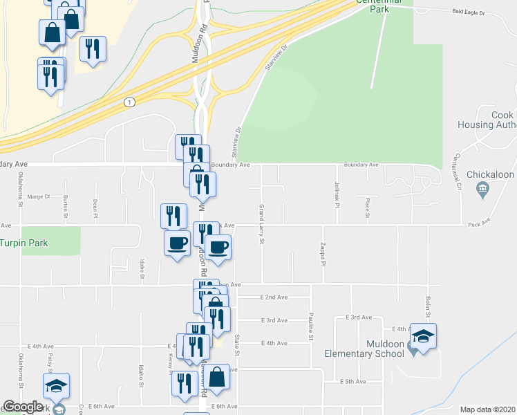 map of restaurants, bars, coffee shops, grocery stores, and more near 190 Grand Larry Street in Anchorage