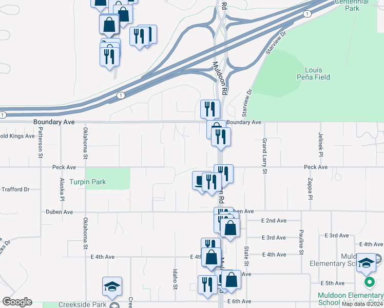 map of restaurants, bars, coffee shops, grocery stores, and more near 7756 Boundary Avenue in Anchorage