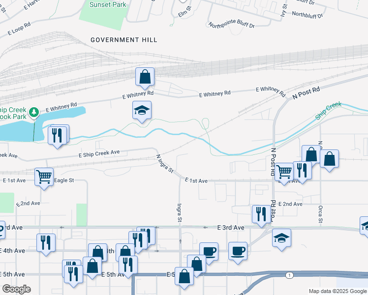 map of restaurants, bars, coffee shops, grocery stores, and more near 701-799 East Warehouse Avenue in Anchorage