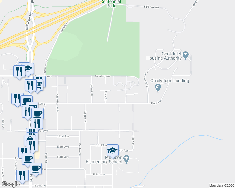 map of restaurants, bars, coffee shops, grocery stores, and more near 8531-8543 Peck Avenue in Anchorage