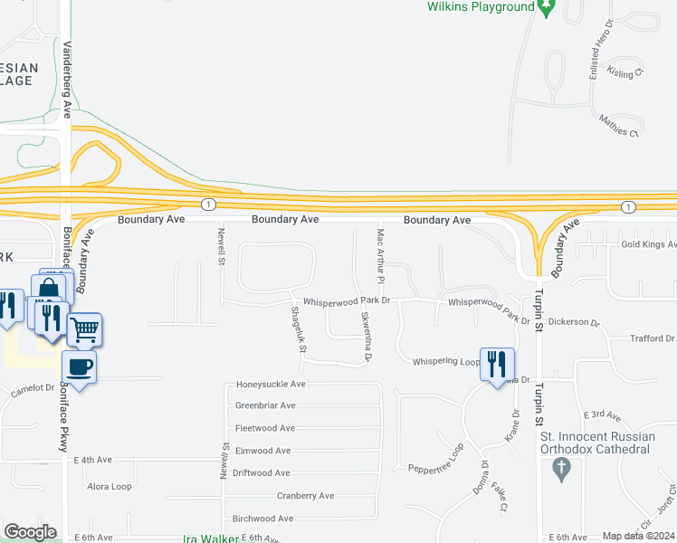 map of restaurants, bars, coffee shops, grocery stores, and more near 6232 Ophir Drive in Anchorage