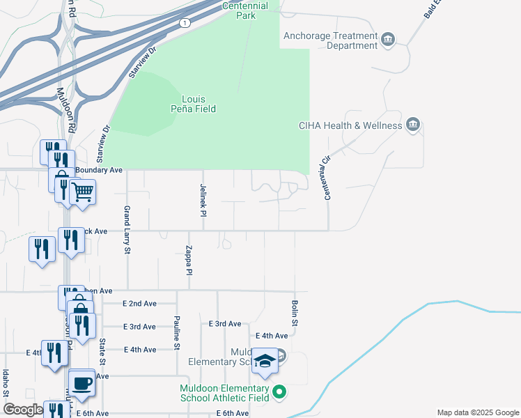 map of restaurants, bars, coffee shops, grocery stores, and more near 8531 Peck Avenue in Anchorage