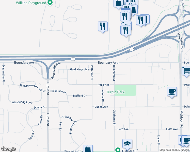 map of restaurants, bars, coffee shops, grocery stores, and more near 141 Patterson Street in Anchorage
