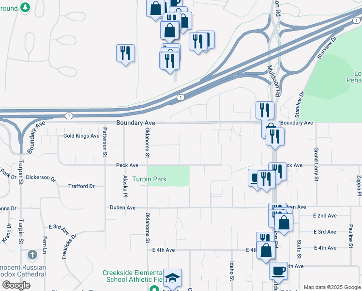 map of restaurants, bars, coffee shops, grocery stores, and more near 7425 Peck Avenue in Anchorage