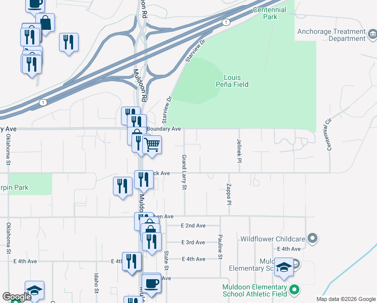 map of restaurants, bars, coffee shops, grocery stores, and more near 190 Grand Larry Street in Anchorage