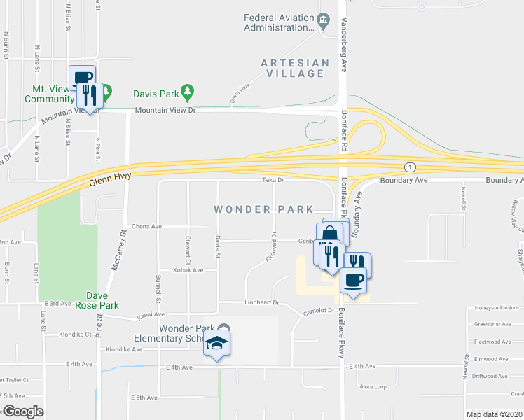 map of restaurants, bars, coffee shops, grocery stores, and more near 5200 Taku Drive in Anchorage