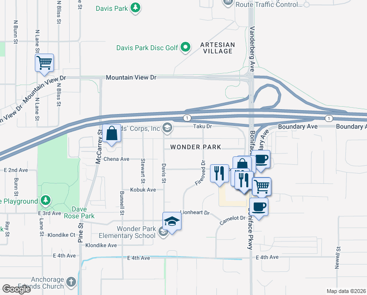 map of restaurants, bars, coffee shops, grocery stores, and more near 5200 Taku Drive in Anchorage