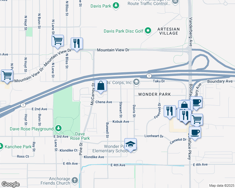 map of restaurants, bars, coffee shops, grocery stores, and more near 106 Stewart Street in Anchorage