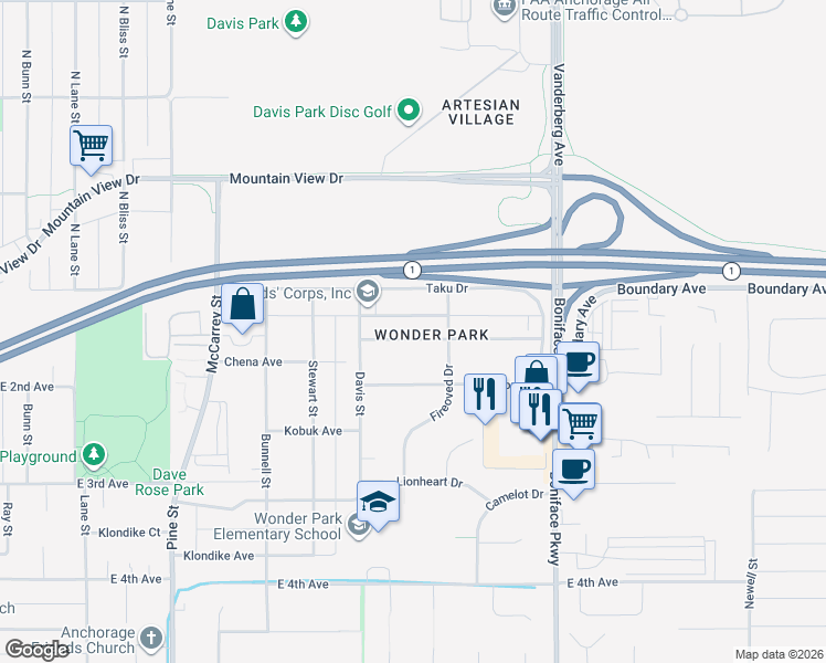 map of restaurants, bars, coffee shops, grocery stores, and more near 5201 Chena Avenue in Anchorage