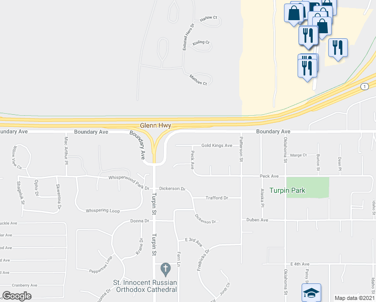 map of restaurants, bars, coffee shops, grocery stores, and more near 6913 Gold Kings Avenue in Anchorage