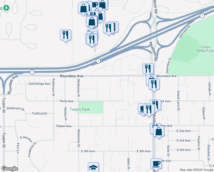 map of restaurants, bars, coffee shops, grocery stores, and more near 132 Dean Place in Anchorage
