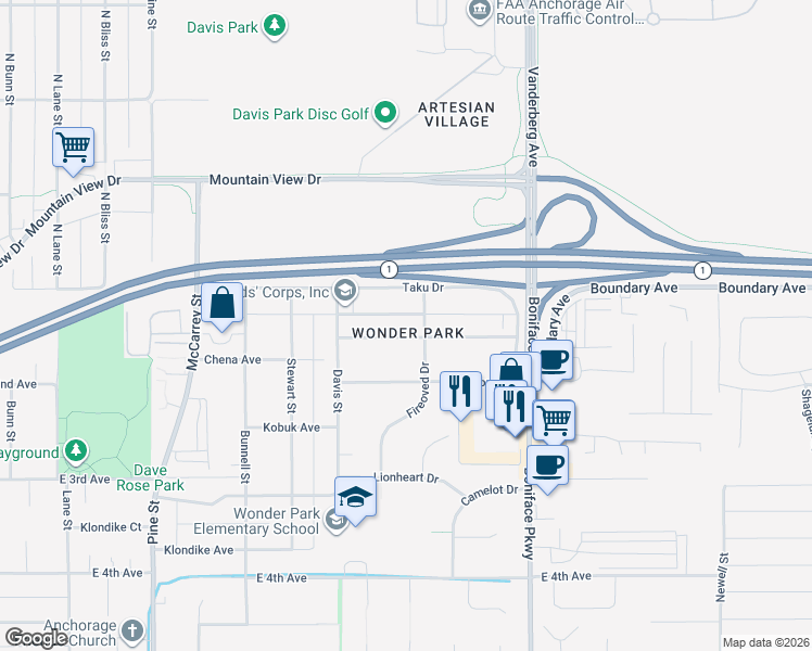map of restaurants, bars, coffee shops, grocery stores, and more near 5207 Chena Avenue in Anchorage