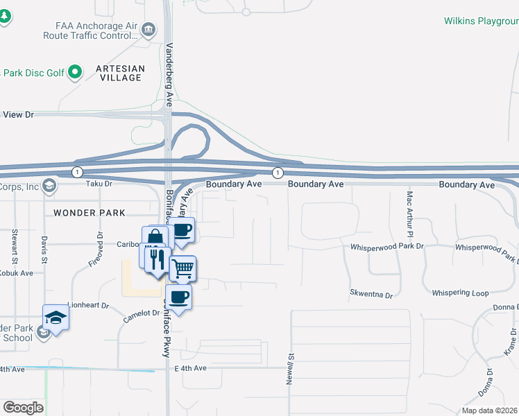 map of restaurants, bars, coffee shops, grocery stores, and more near 5800 Boundary Avenue in Anchorage