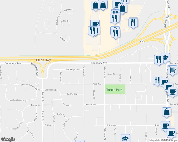 map of restaurants, bars, coffee shops, grocery stores, and more near 101 Patterson Street in Anchorage
