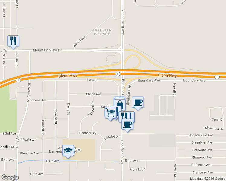 map of restaurants, bars, coffee shops, grocery stores, and more near 5450 Taku Drive in Anchorage
