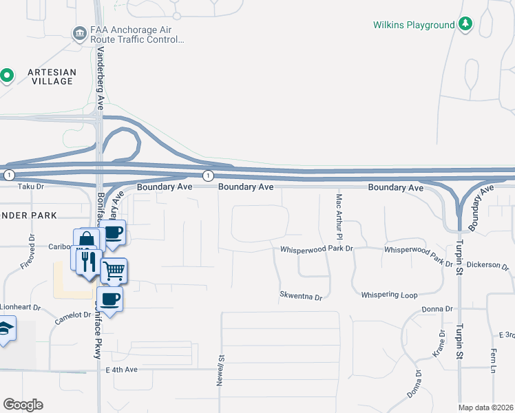 map of restaurants, bars, coffee shops, grocery stores, and more near 5800 Boundary Avenue in Anchorage