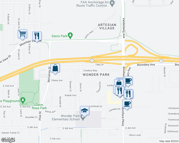 map of restaurants, bars, coffee shops, grocery stores, and more near 5157 Chena Avenue in Anchorage